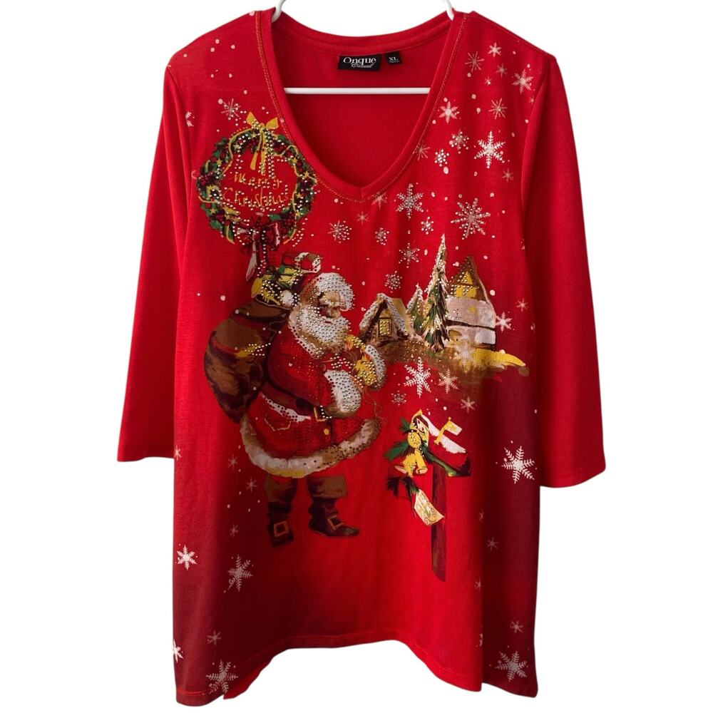 ONQUE CASUAL Red Embellished Graphic Santa Christmas Tunic V Neckline Stretch
